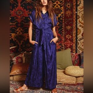 BUCKETLIST Clothing Women's Front Tie Button Down Jumpsuit Jacquard Navy L